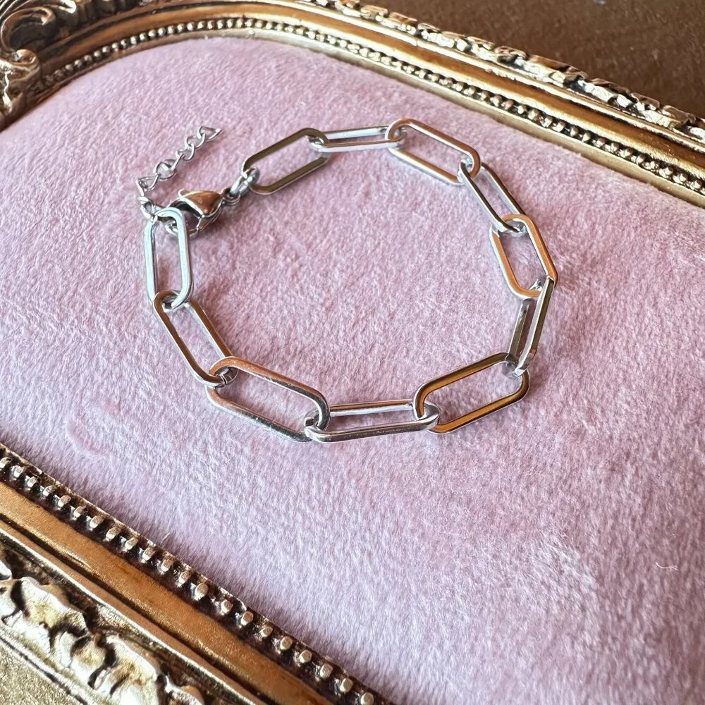 6.5" + 1" Large Link Paperclip Chain Bracelet Stainless Steel Adjustable - Picture 3 of 4